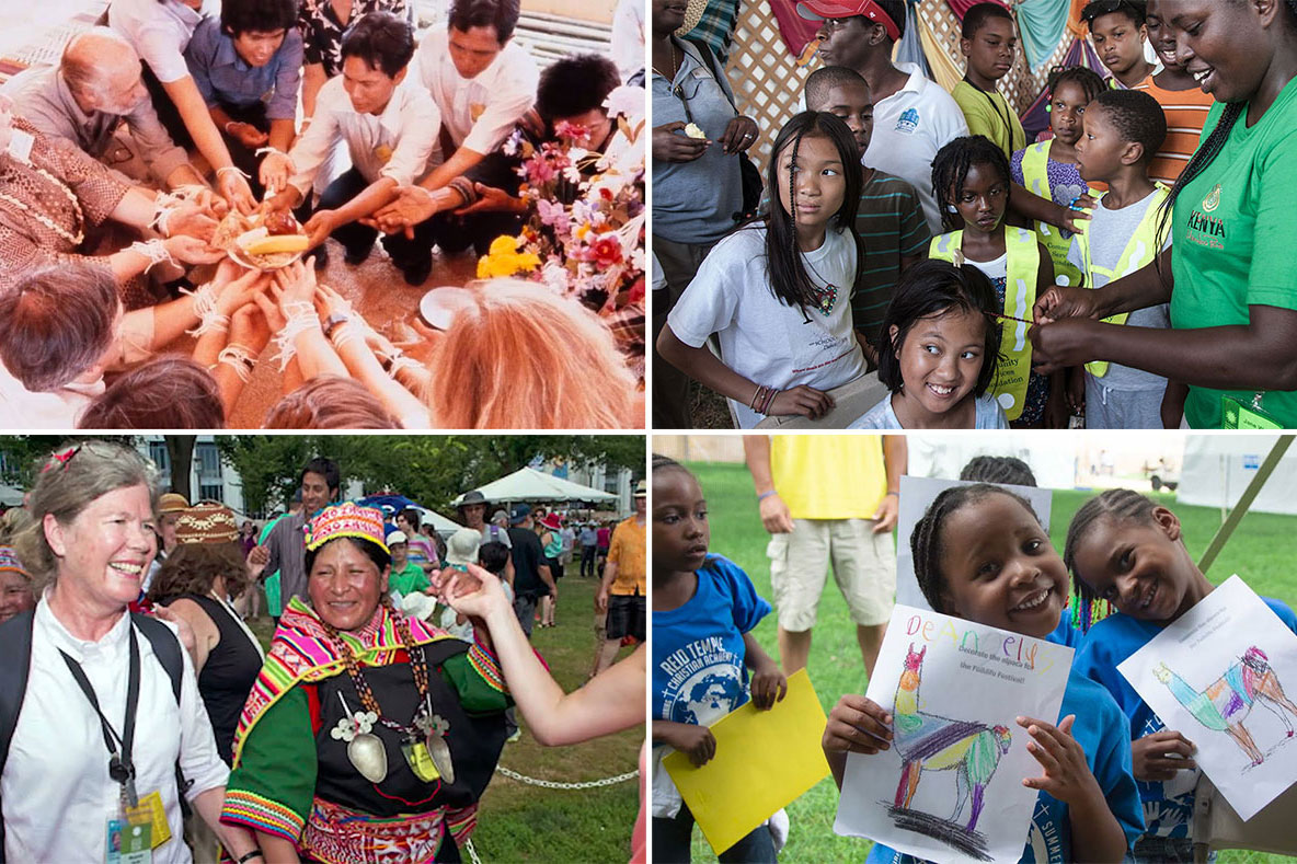 Four photos arranged in a grid from top left: A group of people sit on the ground in a circle, each reaching their arms out over a plate of food. A woman braids a young girl's hair. Two women, one in Western dress clothes and the other in brightly colored, embroidered dress of Central or South America. Two young kids hold up coloring pages of alpacas that they have colored in.