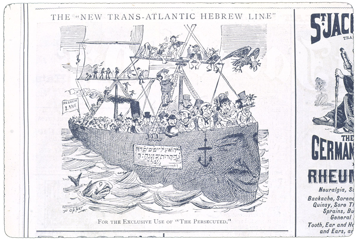 Illustration of a ship carrying Jewish caricatures across the ocean. Even the ship, fish, and bird overhead have large noses. The top reads: THE NEW “TRANSATLANTIC HEBREW LINE.” The bottom captions reads: FOR THE EXCLUSIVE USE OF “THE PERSECUTED.”