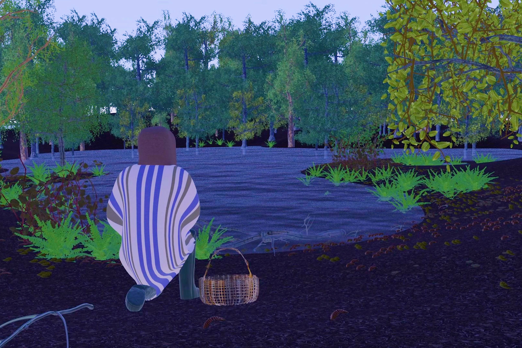 Animated film still of a person kneeling with a woven basket at the edge of a pond, lined with green ferns and trees. 