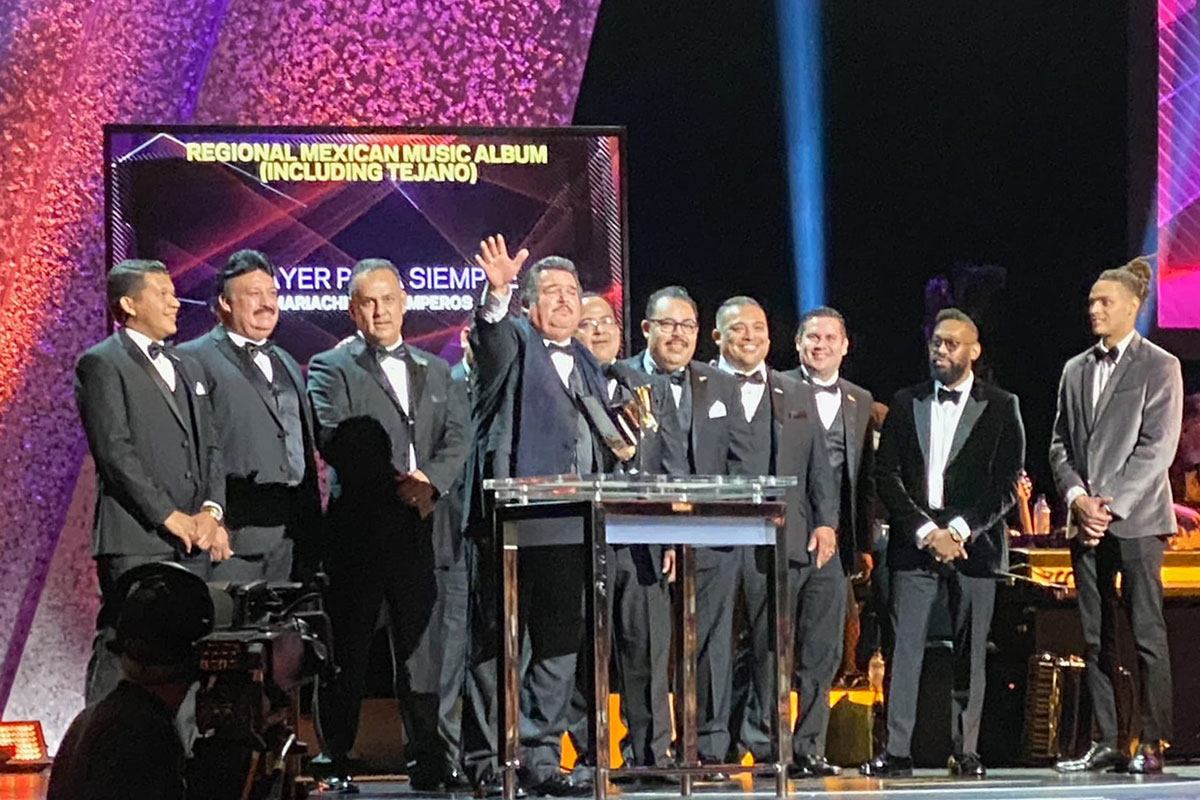 Mariachi Los Camperos accept the award for Best Regional Mexican Album at the GRAMMY Awards on January 26, 2020