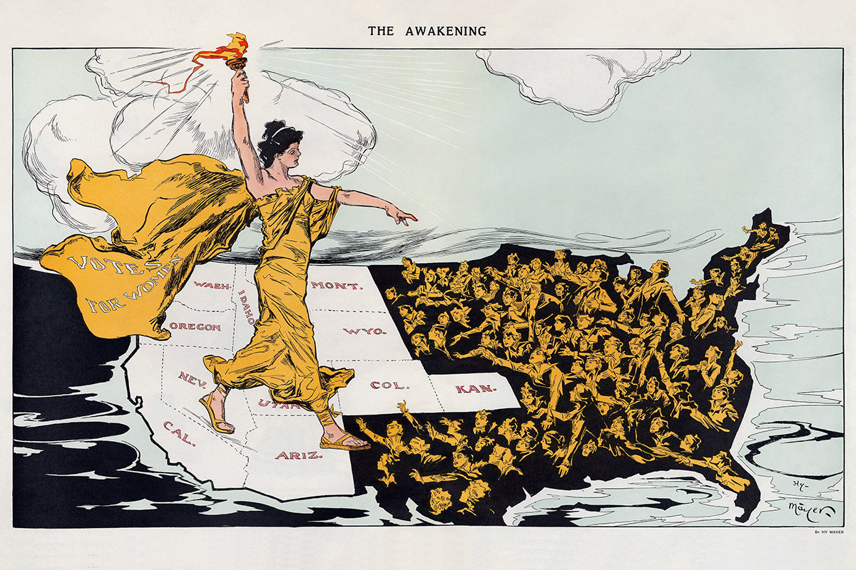 This illustration shows Lady Liberty over the states that had adopted suffrage, in white. Illustration by Henry Mayer, Puck Magazine