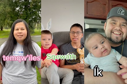 Three vertical video stills are placed side by side, from right to left they picture a woman with long dark hair; two boys, one wearing a red shirt and one in glasses; and a smiling man in a baseball cap holding a baby. In front of them, from left to right, are the words, "temqw'íles," "sqewáth," and "ík."