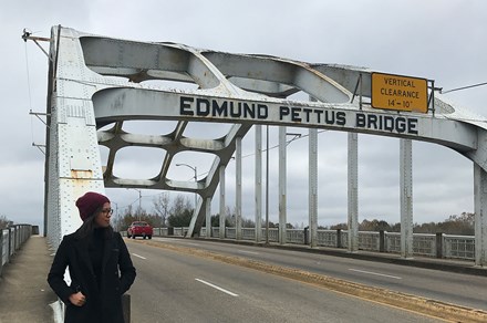 Aza Issifu on the Edmund Pettus Bridge in Selma, Alabama, December 2018.