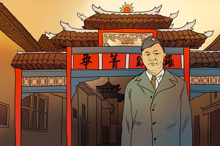 Digital illustration of a man in gray uniform standing in from an ornamental Chinese gate with red columns, tile roof, and Chinese characters.