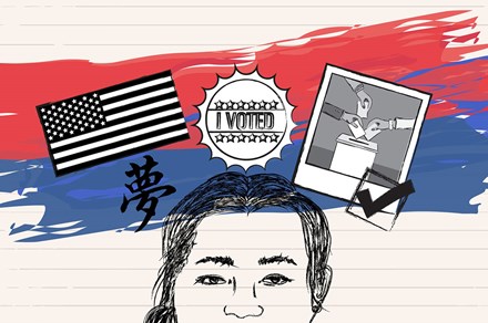 Digital illustration of an Asian American with an American flag, I Voted Sticker, the Chinese character for "hope," and a Polaroid of a ballot box above her head.