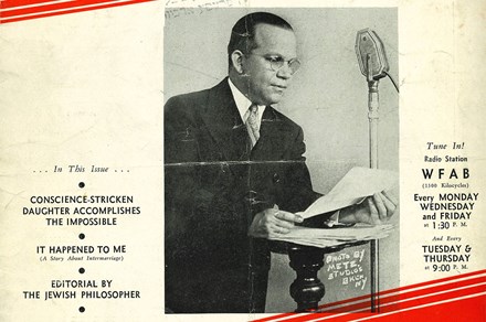 Snippet of a magazine cover, with a black-and-white photo of a man reading in front of a microphone. Text advertises weekly radio programs.