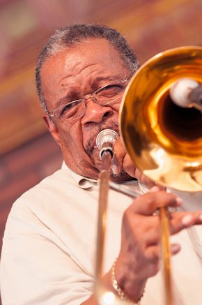 Trombonist Fred Wesley, former part of James Brown's band and now the leader of the New JBs, at the 2011 Folklife Festival.