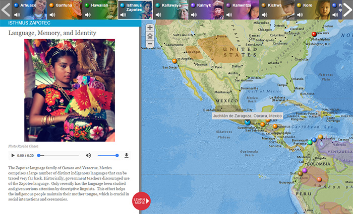 The One World, Many Voices map lets users hear examples of endangered languages. 