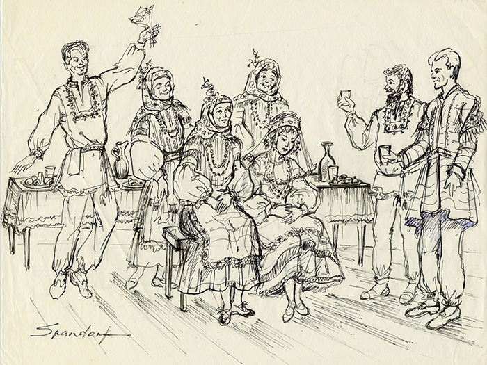 Four women and three men celebrate with a toast. Drawing by Lily Spandorf, Ralph Rinzler Folklife Archives