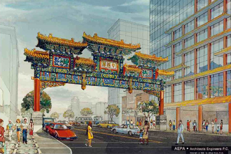 Realistic illustration of an ornate Chinese gate, with red columns, blue and green carvings, and yellow tiled top, over a city street populated by cars, a bus, and pedestrians.