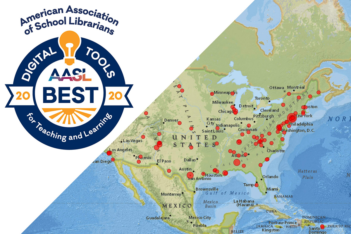 Map graphic of the United States, with dozens of red dots indicating clickable information points. Overlaid in the top left corner is an award logo, reading: American Association of School Librarians / AASL 2020 Best Digital Tools for Teaching and Learning.