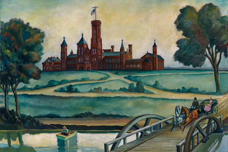 An oil painting of the Smithsonian Castle, a red brick picturesque gothic building. In the foreground is a blue-green meadow and a river in an artistic depiction of the National Mall.
