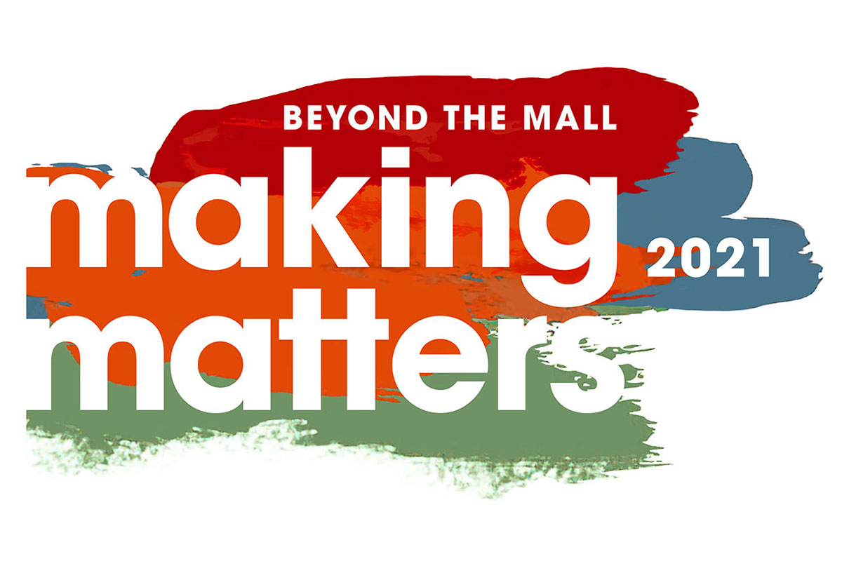 Logo with text BEYOND THE MALL / Making Matters / 2021, over overlapping paint strokes in orange, red, green, and blue.