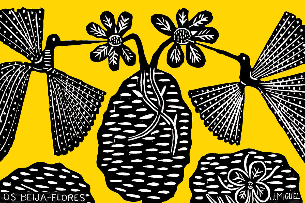 Digitized block print of black and white birds, flowers, and tree on a bright yellow background. In the bottom left corner is the name of the artwork, “Os Beija-Flores,” and in the bottom right corner is the artist’s name. 