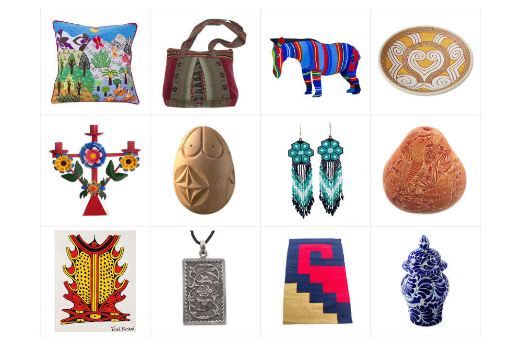 Grid of 12 objects, including embroidered pillow, woven handbag, striped zebra sculture, silver and beaded jewlery, pottery, and paintings.
