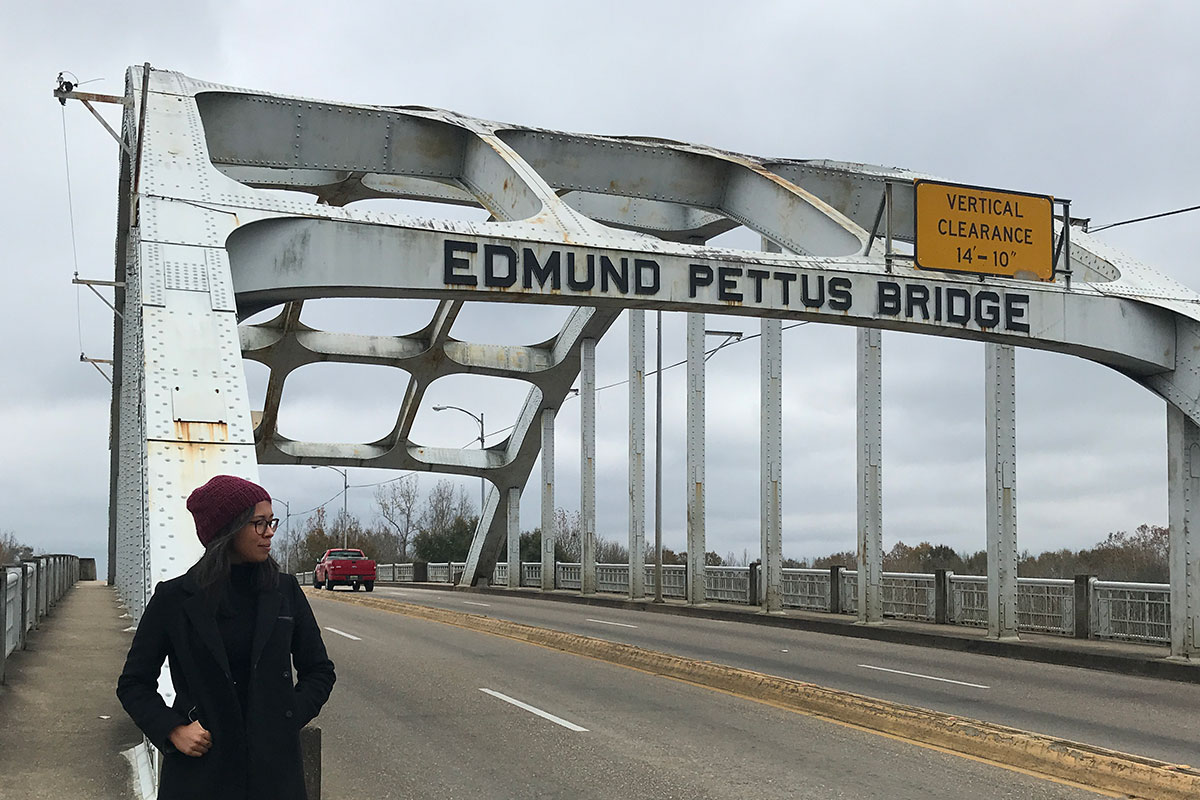 Aza Issifu on the Edmund Pettus Bridge in Selma, Alabama, December 2018.