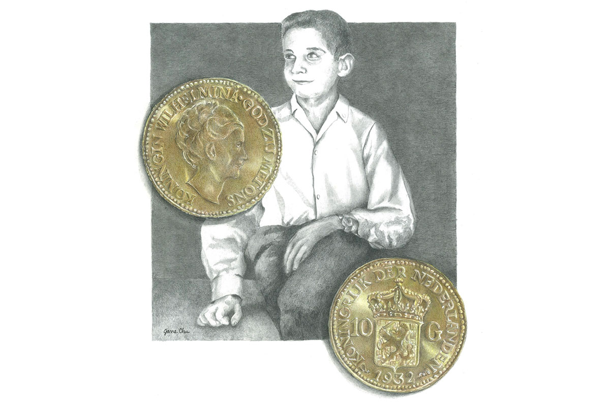 Illustration of a black-and-white photograph of a young boy posing, with two gold coins drawn as if on top of the photo.