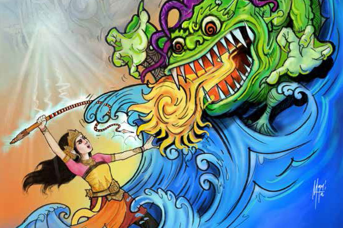 Illustration of a young female superhero fighting a fire-breathing water monster.
