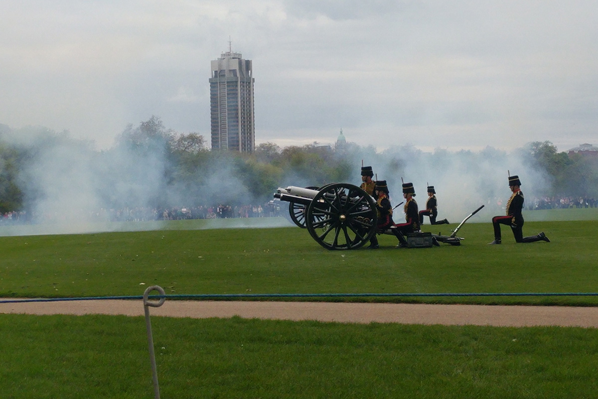 A twenty-one-gun salute is carried out on the orders Her Majesty The Queen in Hyde Park, London, following a royal birth. 