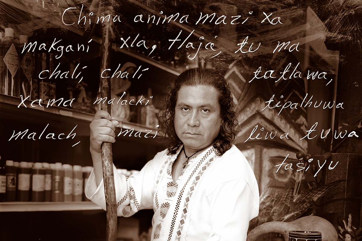 José Juárez is a Totonac language speaker from Tuxtla in Puebla, Mexico. The text in Totonac reads, “The spirit, deeply embedded in the profoundness of being, defeats the monotony of daily life, and creates the possibility of opening doors—no matter how difficult it may seem.” Photo by Yuri Marder, City Lore