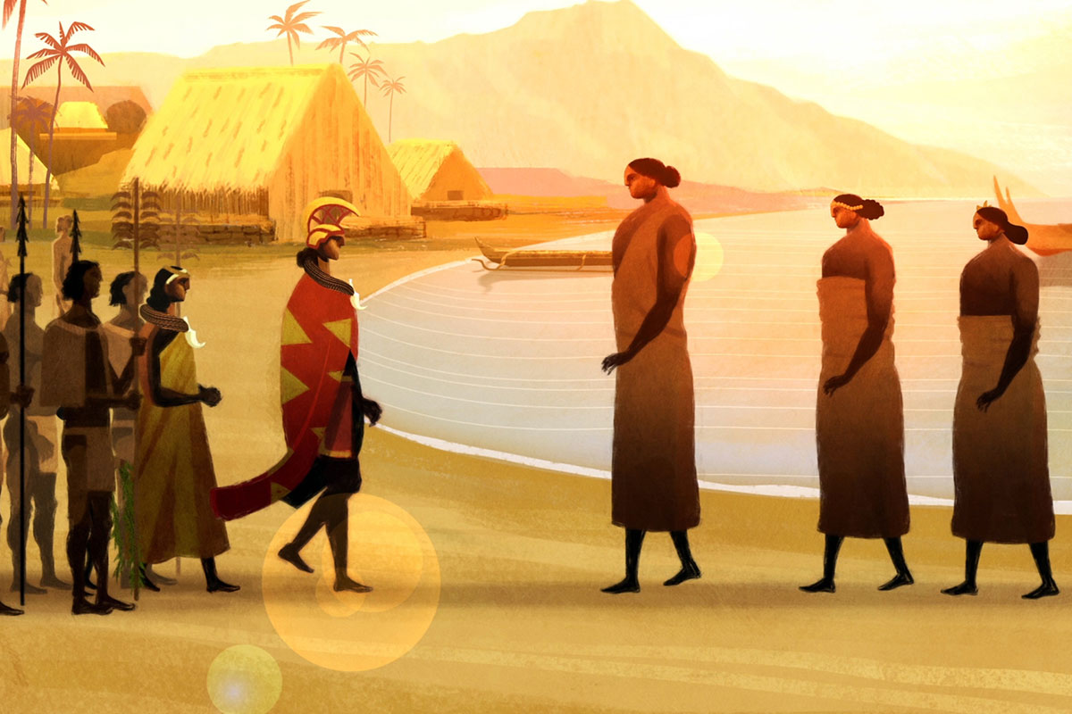 Animated frame of what appears to be two tribes walking toward each other in greeting. Sea, straw huts, and mountains behind them.