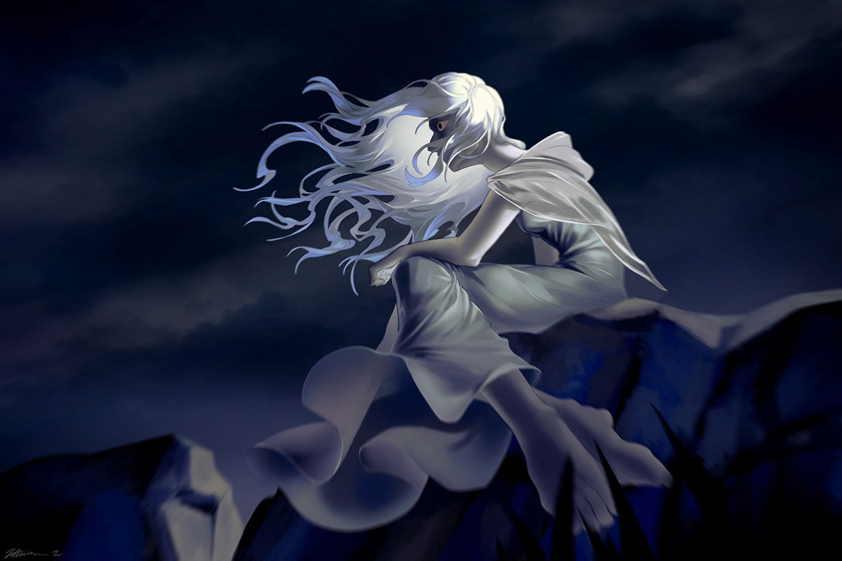 Digital illustration of a female figure seated on a garden wall at night, her white dress and long, white hair blowing in the wind. 