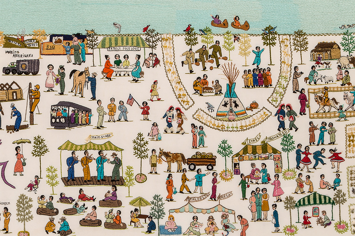 Portion of the “Bicentennial Site Embroidery” by Ethel Wright Mohamed for the 1976 Smithsonian Folklife Festival. Photo by Zvonimir Bebek, Ralph Rinzler Folklife Archives