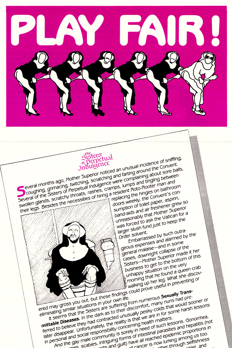 Newsletter with title, Play Fair! The masthead is hot pink with illustration of six nuns in a chorus line. Underneath, among small text, an illustration of a person in nun outfit with a beard, seated on a toilet.