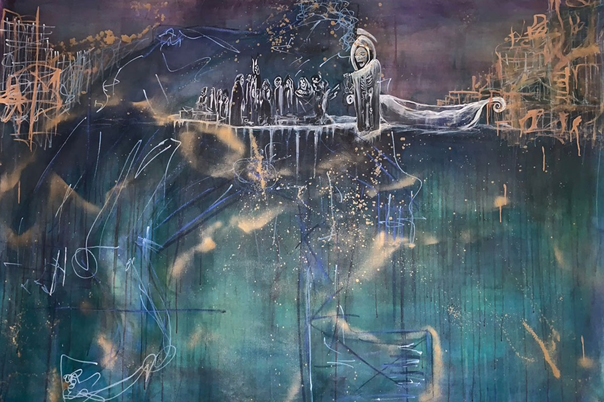 Abstract painting in deep blues, gold streaks, and white outlines of humanlike figures. The most prominent one looks like Death, carrying a scythe. 