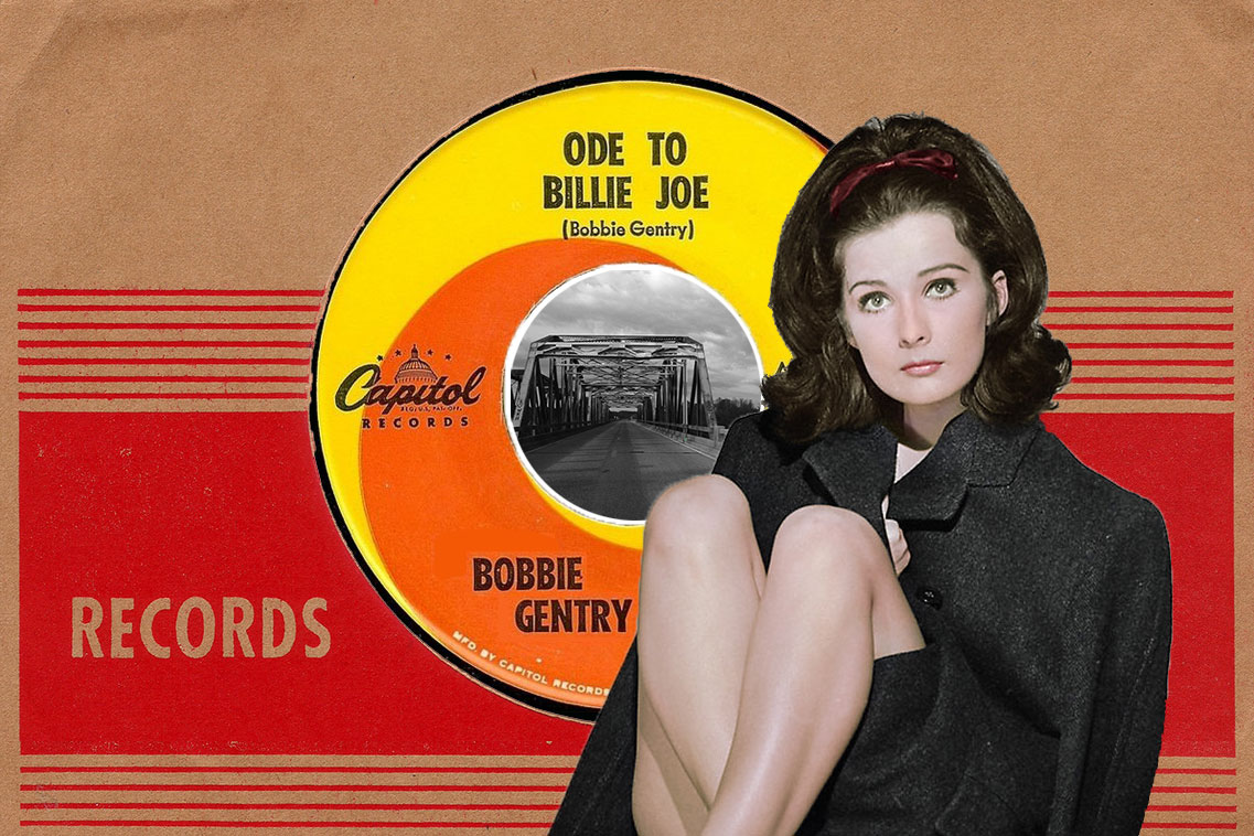 Digital collage of a woman sitting coquettishly, bare legs crossed in front of her, wearing a dark trench coat and her hair teased up. Behind her in an enlarged image of a seven-inch record in a paper sleeve: Ode to Billie Joe by Bobbie Gentry, on Capital Records. In the center hole of the record, a black-and-white photo of a steel bridge.