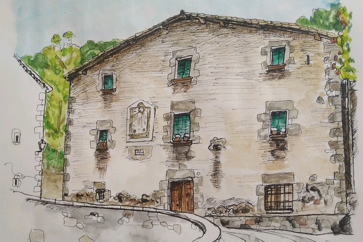 Watercolor illustration of Cal Monjo, Antoni Maria Badia i Margarit’s summer home, with cobblestone driveway and walls and wooden door