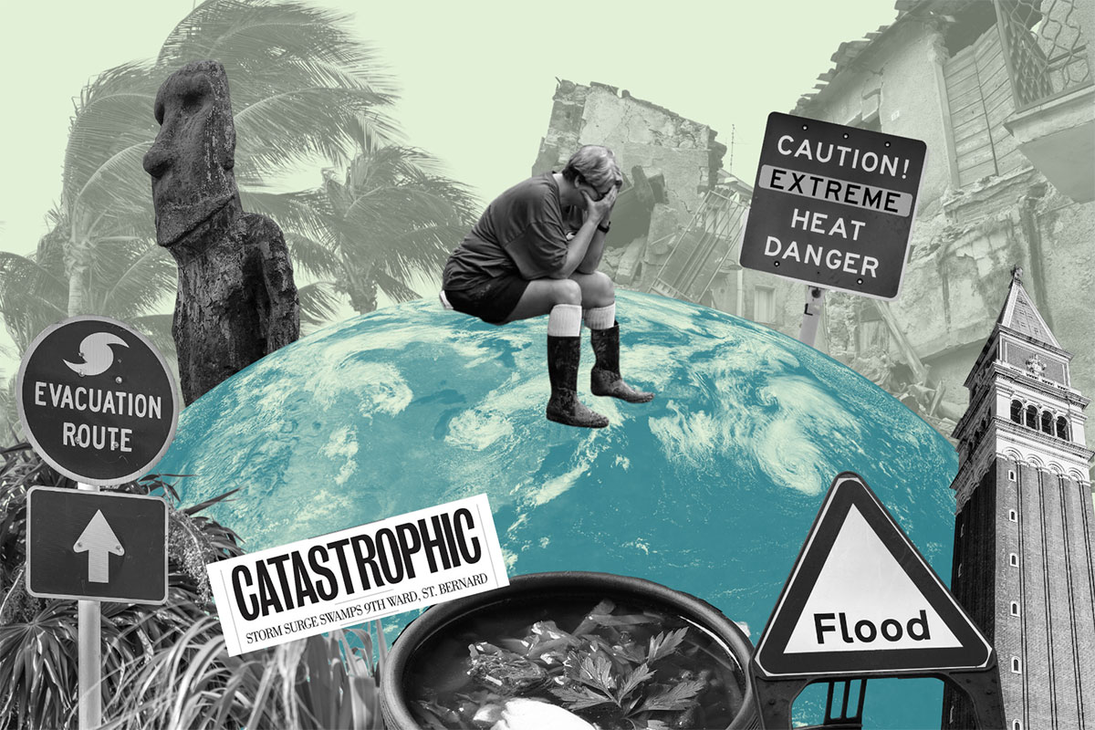 A collage style graphic that features the Earth, surrounded by different elements of culture and climate discussed in the subsequent article such as: a hurricane evacuation route sign, St Mark's Campanile in Venice, a flood warning sign, a sign that warns of extreme heat, palm trees blowing heavy winds from a hurricane, Ukrainian borscht, a Rapa Nui (Easter Island) head, a crumbling building, a newspaper headline that reads: “CATASTROPHIC,” and a woman sitting with her head in her hands.