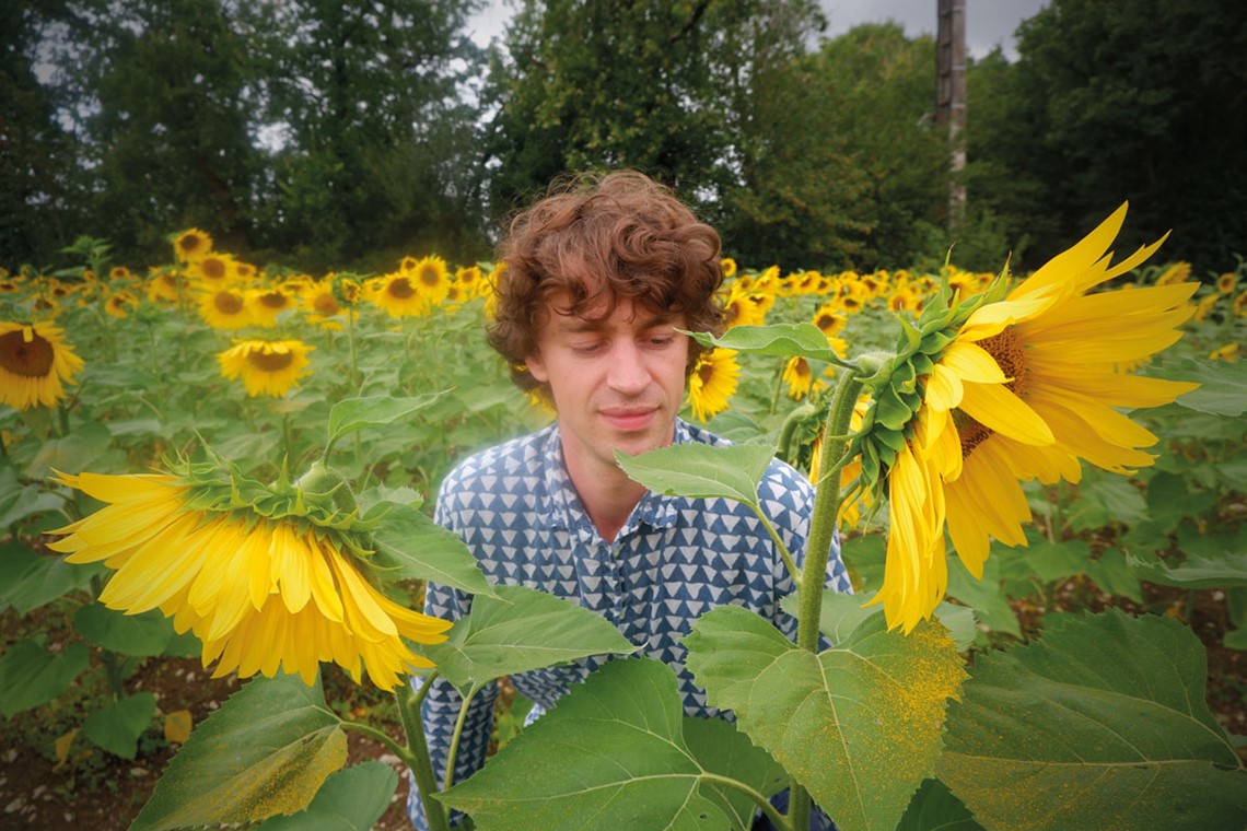 A man with curly brown hair and triangle-checkered blue and white shirt stands among tall yellow sunflowers.