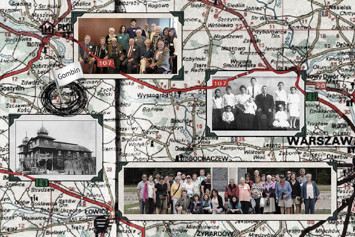 Collage of a map of Poland in the background, with old and new family photo “mounted” on top.