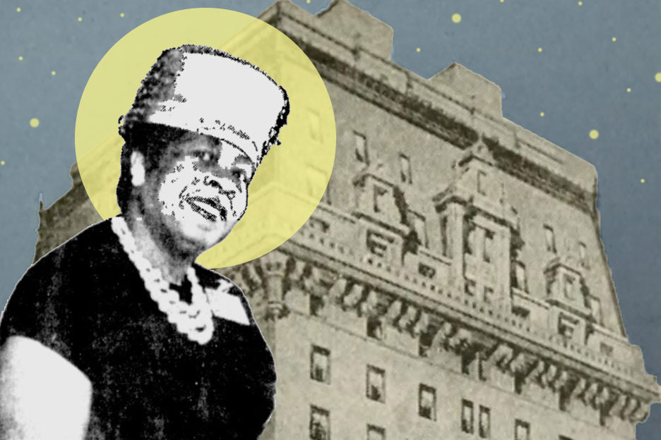 Black-and-white image of a woman in Black dress, white necklace, and hat, in front of another black-and-white image of a hotel. She has a yellow circle behind her head, like a halo. 