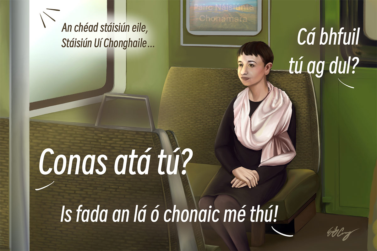 Digital illustration of a woman with short dark hair and a white shawl seated on a train. Around her, in white and black text, are spoken phrases in the Irish language.