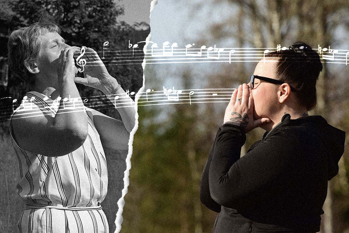 In two photos pieced together, one black-and-white and one color, two women cup their hands around their mouths to do a cattle call. a line of musical notation is superimposed between them.