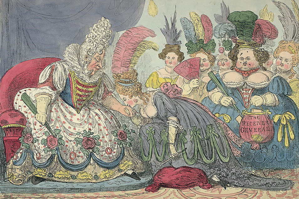 Color illustration of a woman kneeling to kiss the hand of a person wearing a dress and tall white wig on a throne. A crowd of other women wait to the side.