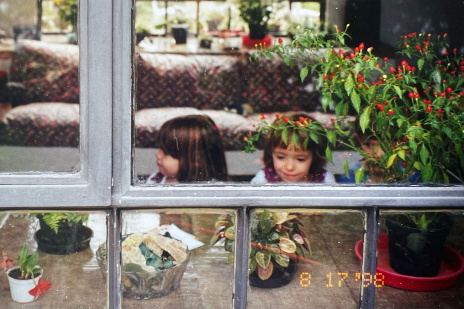 Through a window, two young girls inside a home, looking at potted plants in the windowsill. 