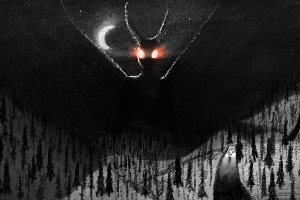 Digital illustration of a large mothlike figure, flying above a forested area and a single car driving down a road at nights. Its eyes are glowing red.