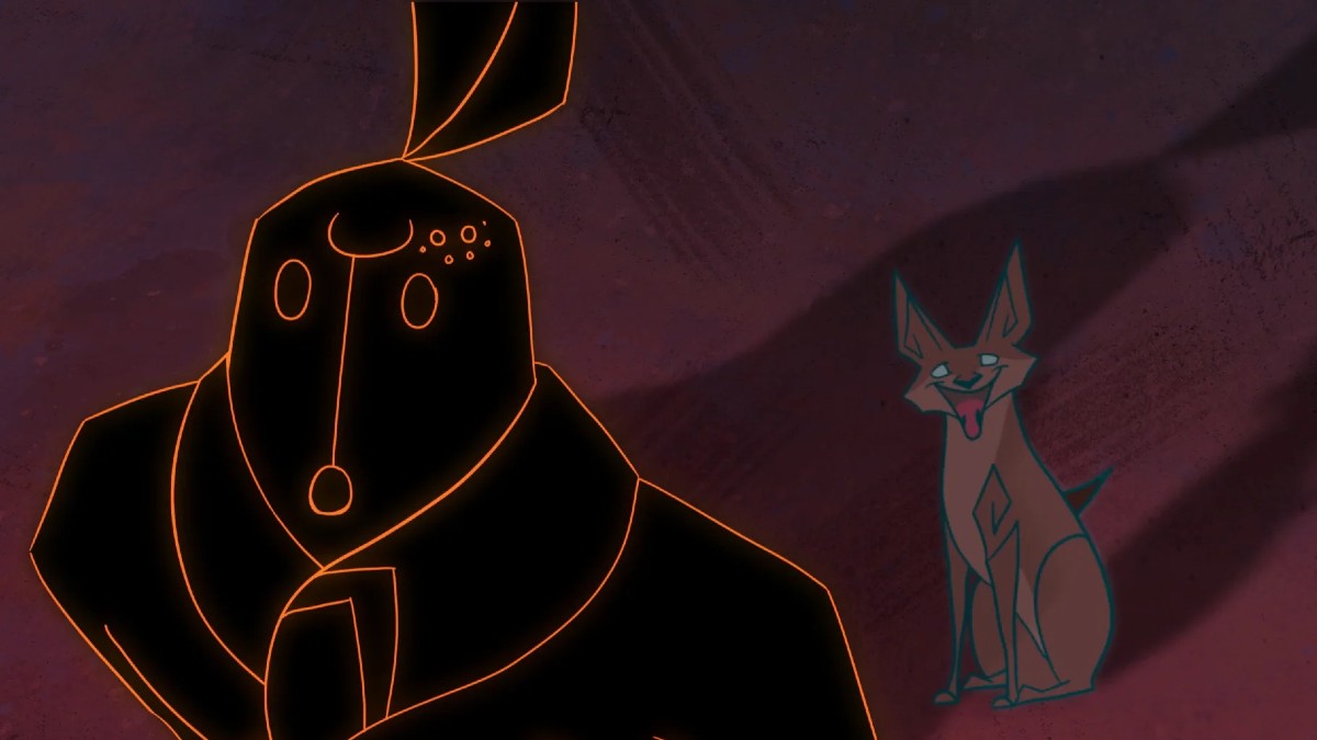 Animated frame of a coyote and a human-like figure in black, outlined in orange.