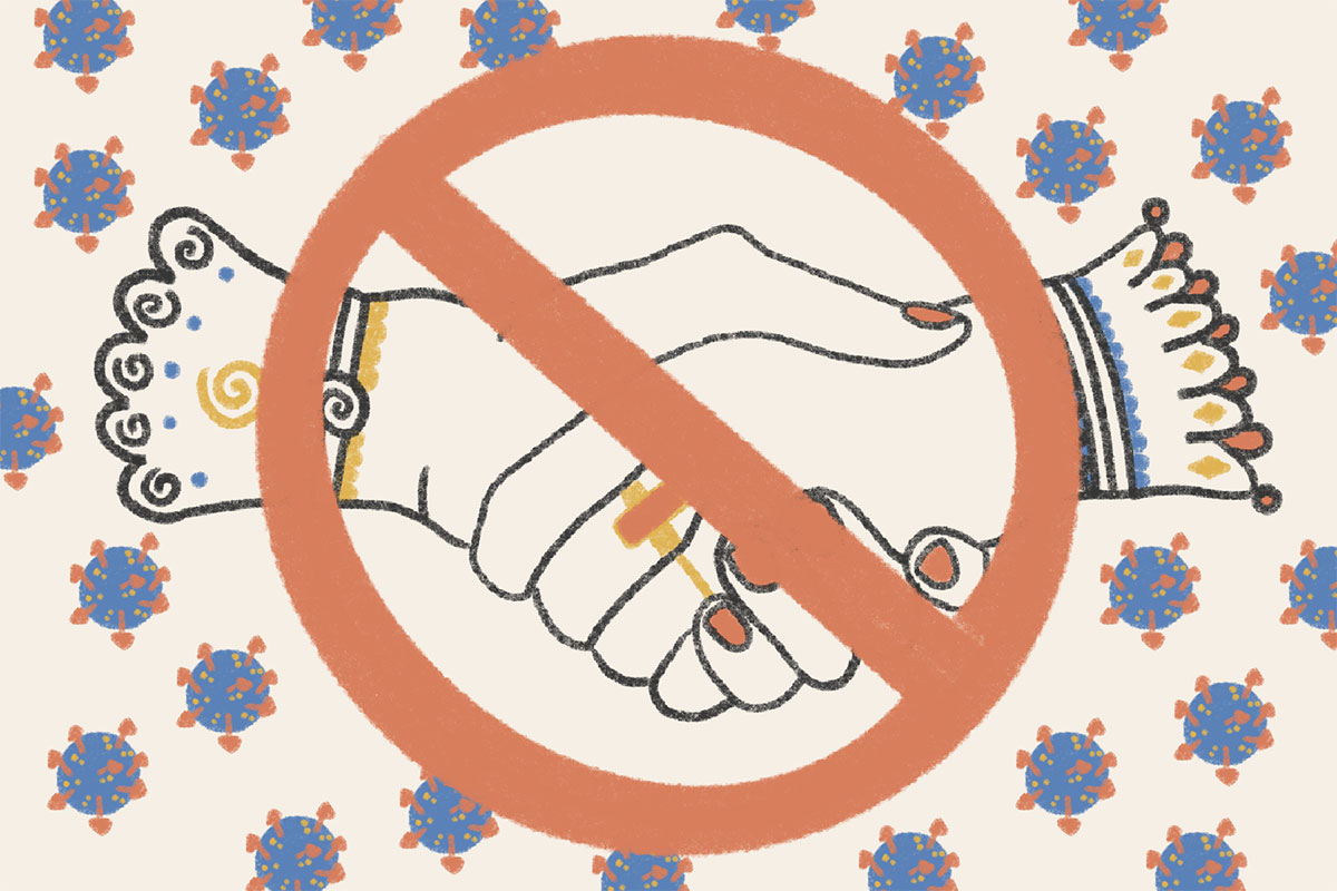 Digital illustration of two hands shaking with a red, circular NO symbol over it. In the background, a pattern of blue and red coronaviruses.