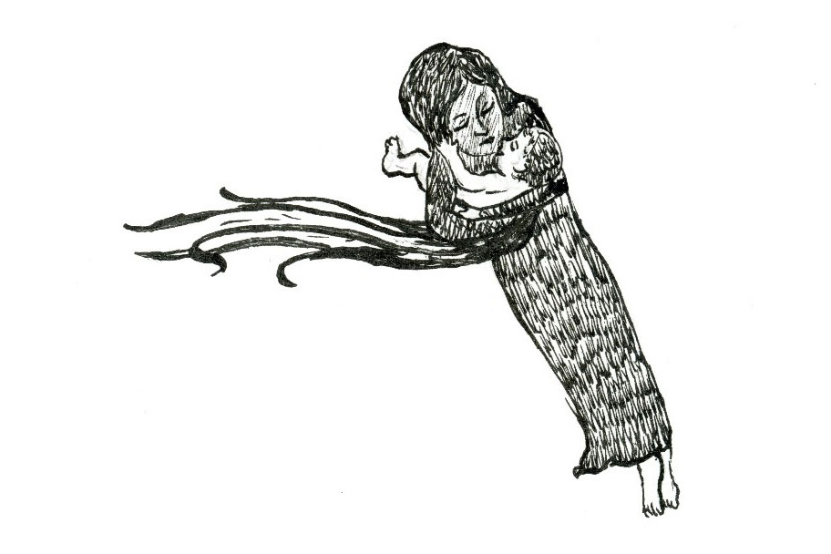 Illustration of a mother rocking a baby.