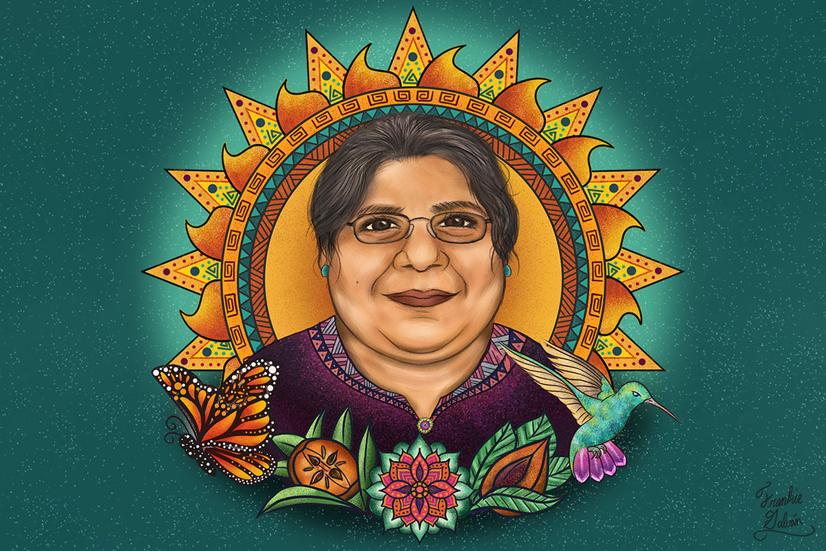 Digital illustration of a woman with light brown skin, dark hair pulled back, glasses, and a purple embroidered top. Framing her portrait is an orange sun motif, a monarch butterfly, flowers, and a teal hummingbird.
