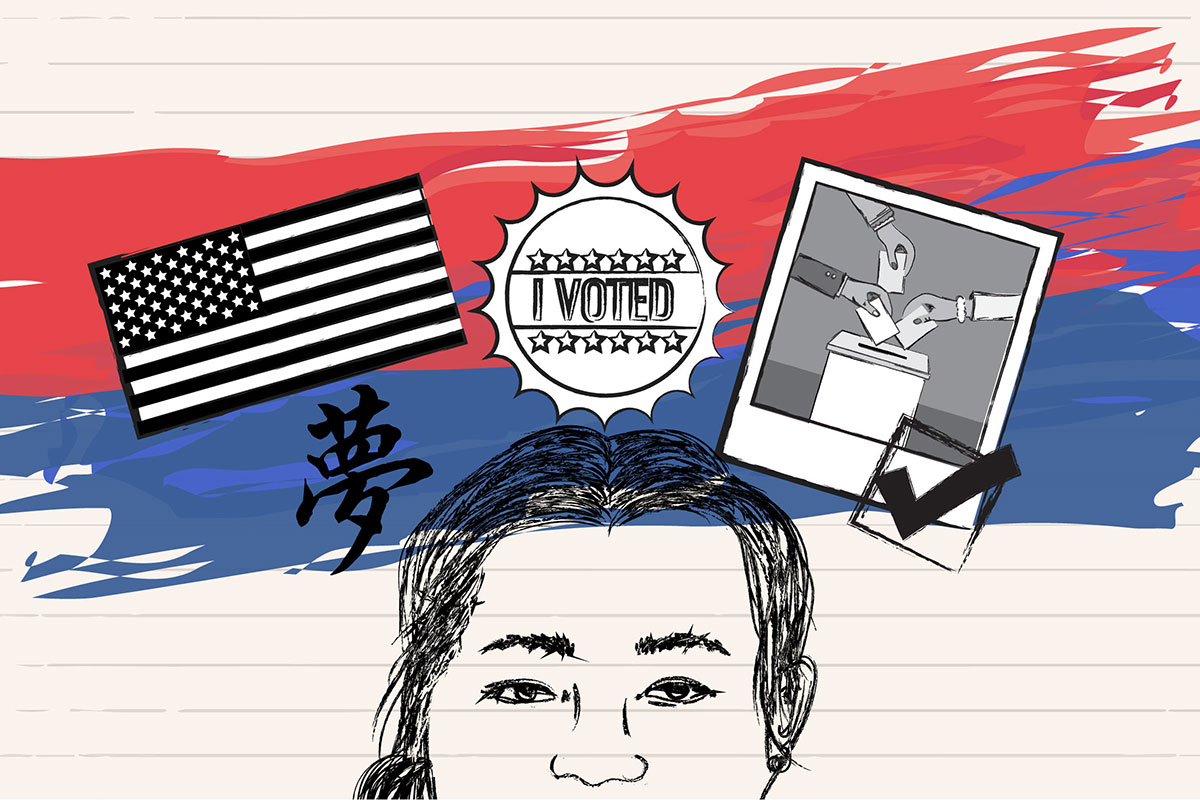 Digital illustration of an Asian American with an American flag, I Voted Sticker, the Chinese character for 