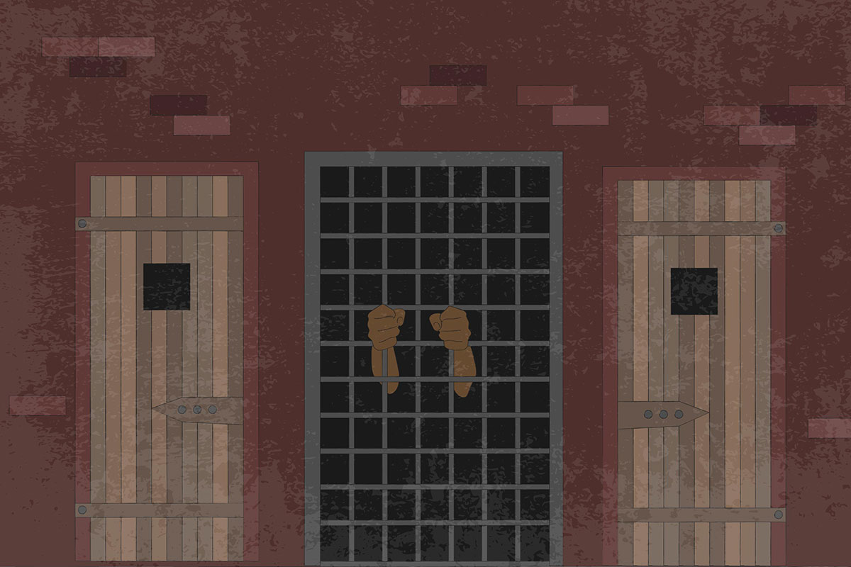 Digital illustration of two hands grasping the metal bars of a jailhouse-like window.