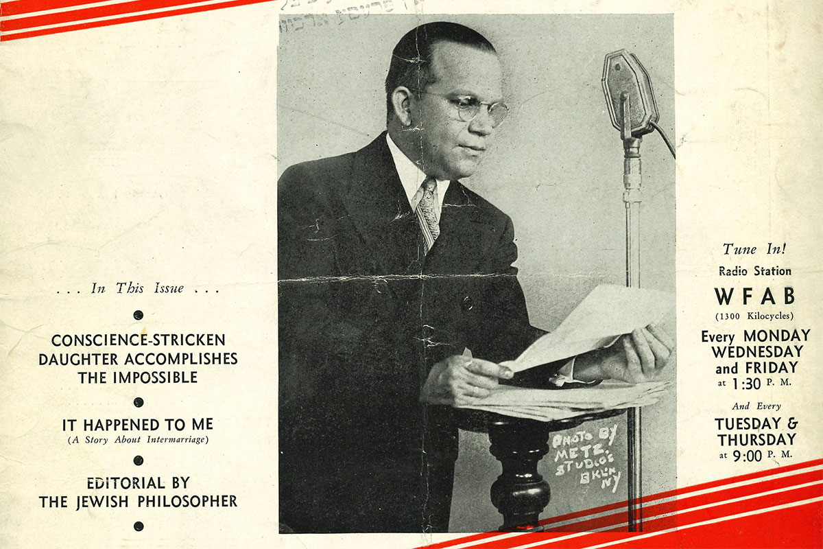Snippet of a magazine cover, with a black-and-white photo of a man reading in front of a microphone. Text advertises weekly radio programs.