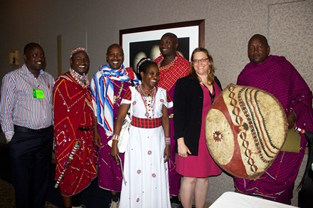 Paul Meliera, Benson Leyian, John Kamanga, Agnes Lunkat, Stephen Moiko, Sally Van de Water, and Johnson Ole Sipitiek at the intangible cultural heritage symposium. Photo by Akea Brown