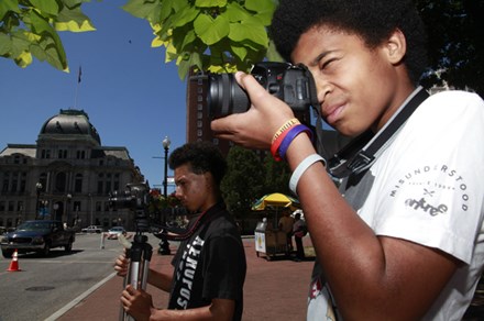 Laronn Flores and Orlando Lewis, students at the AS220 youth center in Providence, Rhode Island, on a Will to Adorn photo shoot. Photo by Ann Kugler