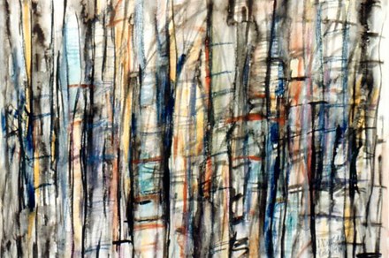 An abstract painting with vertical streaks of black across the white canvas. Between the black lines are muted and blurring colors: grays, oranges, blues.
